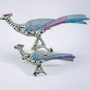Road Runner Pheasant Set of 2 Silver Toned Blue and Pink Enamel Bird Brooches